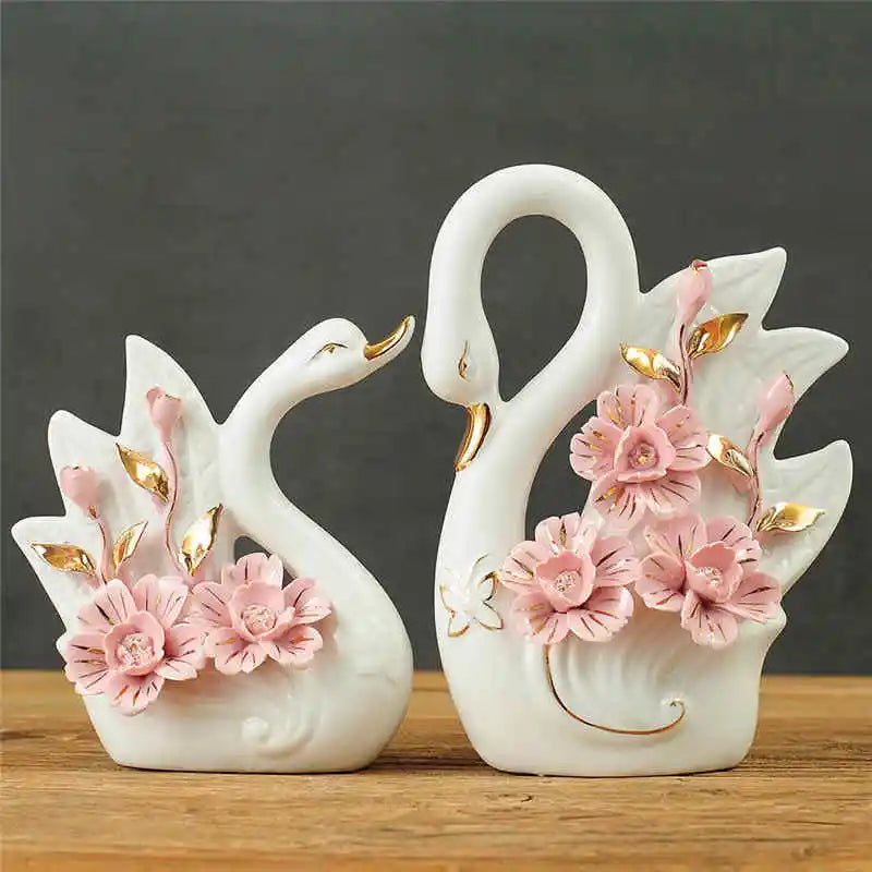 2PCS Swan Statue Pretty Creative Swan Sculpture Figurines Ceramic Crafts Art Home Decoration Accessories1 Pair Wedding Gift