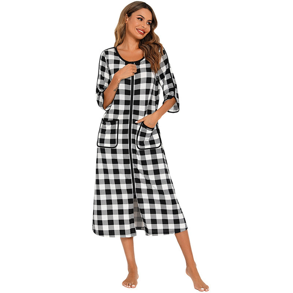 Women's Cozy Autumn Plaid Zipper Robe | Soft Long Nightgown & Warm Maternity Loungewear | Zipper-Front Bathrobe Pajamas - Premium robe from Lizard Vigilante - Just $23.88! Shop now at Lizard Vigilante