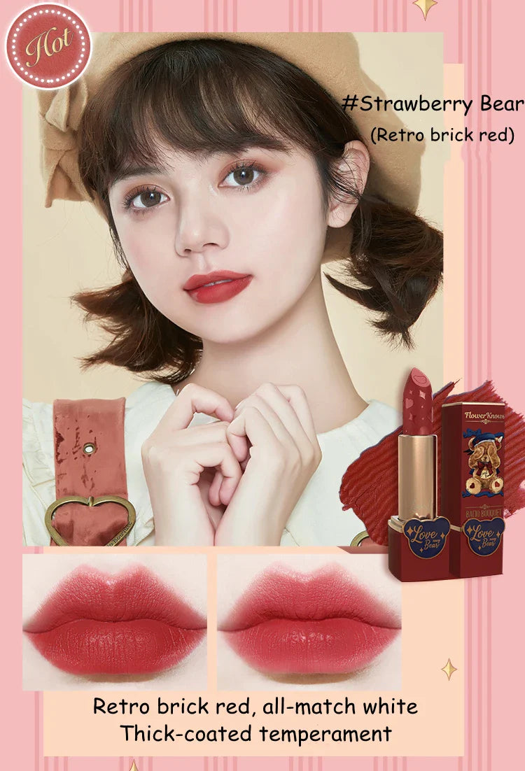 Flower Knows Love Bear Series Matte Moisturizing Lipstick Silky Smooth Renewal Natural Lip Makeup Professional Cosmetic Women