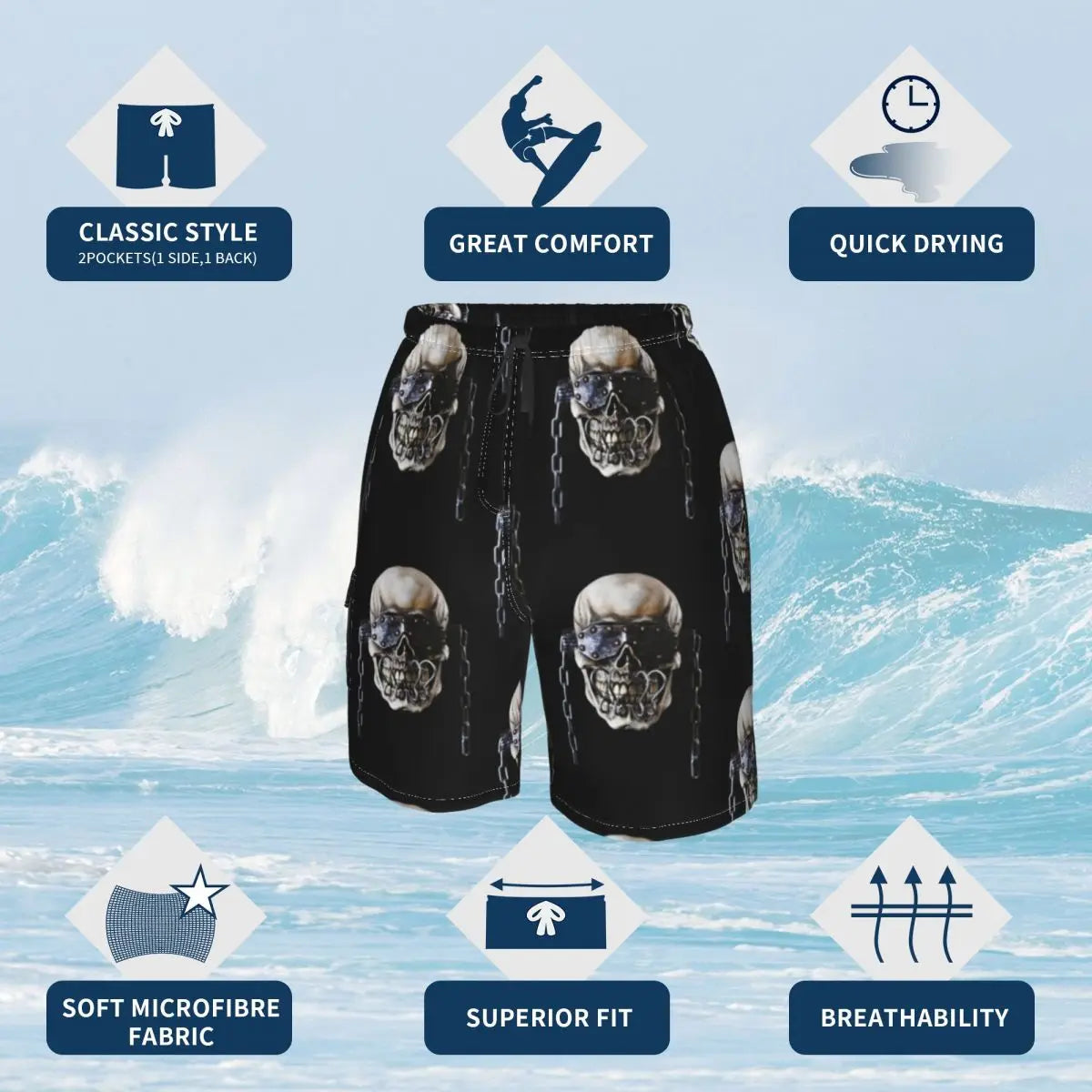 Heavy Metal Men’s Board Shorts – Polyester Swim Trunks for Beach and Summer Training