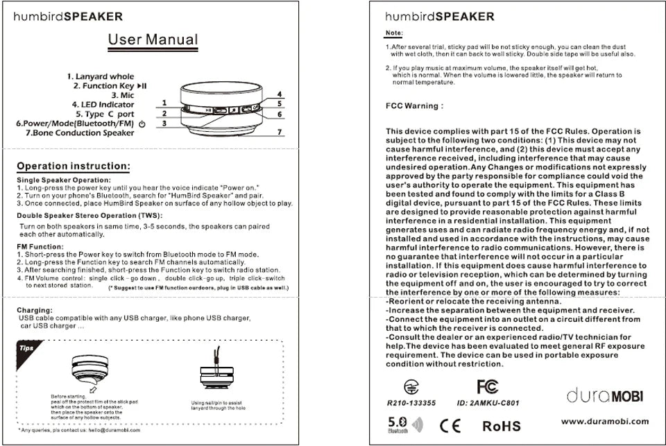 Bone Conduction Speaker Vibration Bluetooth Stereo Audio Digital TWS Wireless Smallest Portable DURAMOBI Humbird Speaker