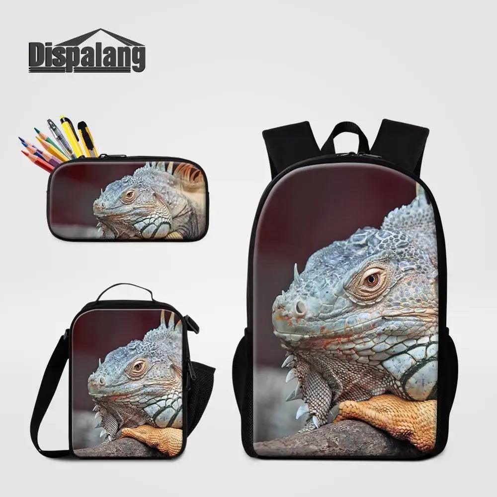 3 Piece Pencil Case School Bags Set Lizard Picnic Food Cooler Lizard Vigilante Reptile Print Schoolbag Boys Fashion Bagpack Children - Premium  from Lizard Vigilante - Just $64.69! Shop now at Lizard Vigilante