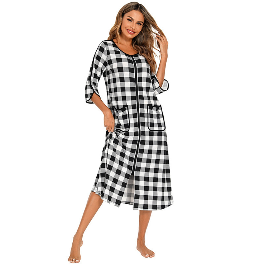 Women's Cozy Autumn Plaid Zipper Robe | Soft Long Nightgown & Warm Maternity Loungewear | Zipper-Front Bathrobe Pajamas - Premium robe from Lizard Vigilante - Just $23.88! Shop now at Lizard Vigilante