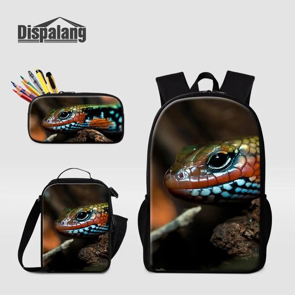 3 Piece Pencil Case School Bags Set Lizard Picnic Food Cooler Lizard Vigilante Reptile Print Schoolbag Boys Fashion Bagpack Children - Premium  from Lizard Vigilante - Just $64.69! Shop now at Lizard Vigilante