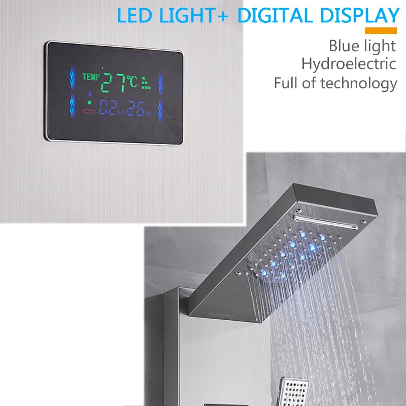 Brushed Nickel Bathroom Shower Column Wall Mounted Black LED Shower Panel Faucets Rainfall Digital Screen 6 Modes Mixer Tap - Premium  from Lizard Vigilante - Just $137.99! Shop now at Lizard Vigilante