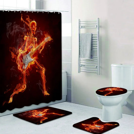 Badass Flaming Skeleton Playing Guitar Bathroom Curtain Set Funny Halloween Burning Skull Bath Rug Carpet Home Decor - Premium shower curtains from Lizard Vigilante - Just $37.99! Shop now at Lizard Vigilante