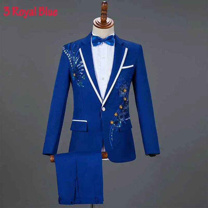 Mens Suits With Pants White Sparkly Crystals Embroidery Wedding Groom Tuxedo Suit Men Stand Collar Stage Costume Homme Mariage - Premium  from Lizard Vigilante - Just $88.88! Shop now at Lizard Vigilante