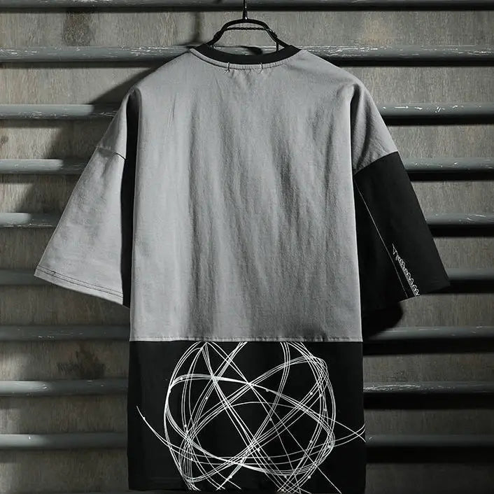 Old style hip hop fashion men's short sleeve T-shirt color matching style tooling 5-sleeve men's T-shirt