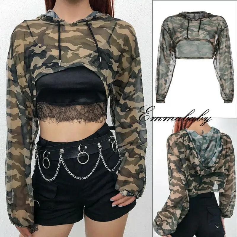 Long Sleeve Tshirt Mesh Top Hooded Hollow Out Sexy Punk Rock Short Crop Top White T-shirt Fishnet Black Women Clothing Tops Tees - Premium Crop Top from Lizard Vigilante - Just $26.99! Shop now at Lizard Vigilante