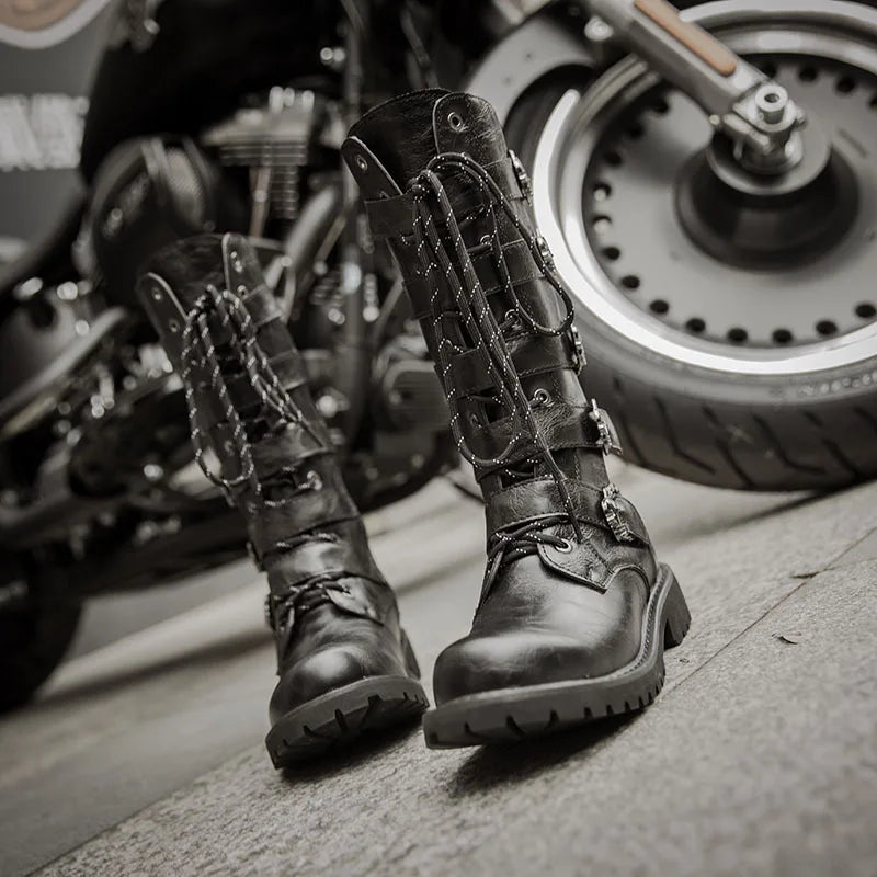 YBQJOO Men's PU Leather Motorcycle Boots | High Over the Knee Gothic Punk Boots | Stylish Buckle Strap Design - Premium boots from Lizard Vigilante - Just $89.99! Shop now at Lizard Vigilante