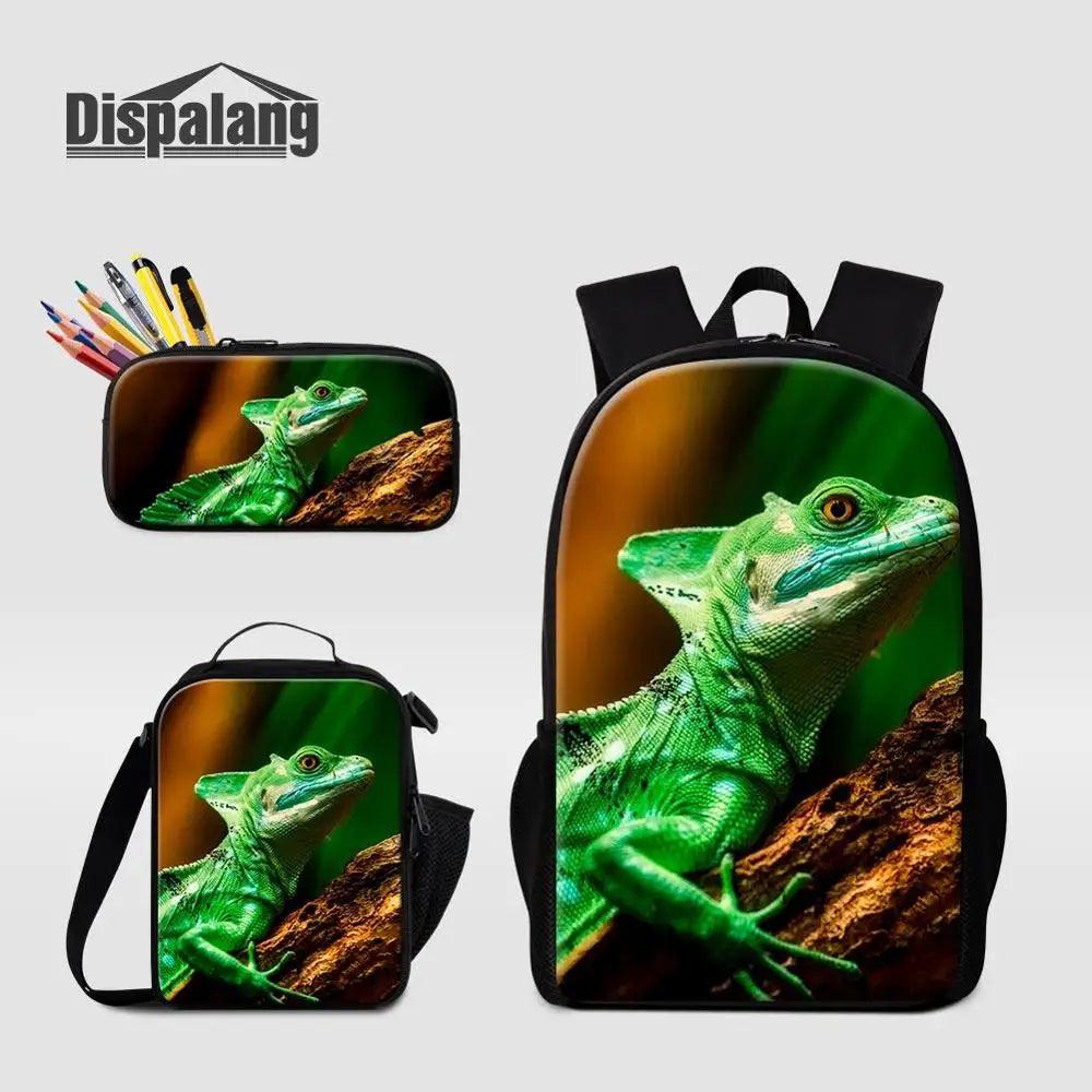 3 Piece Pencil Case School Bags Set Lizard Picnic Food Cooler Lizard Vigilante Reptile Print Schoolbag Boys Fashion Bagpack Children - Premium  from Lizard Vigilante - Just $64.69! Shop now at Lizard Vigilante