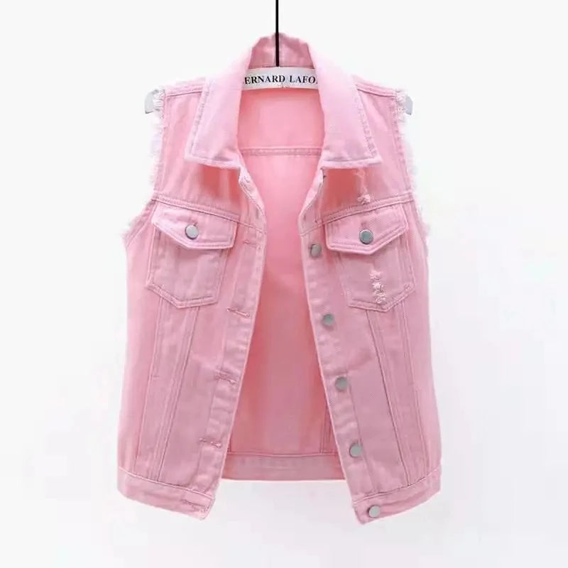 Korean Fashion Pink Denim Vests Women Casual Cowboy Sleevless Jackets Summer Jean Chalecos Mujer Oversize Short Waistcoat - Lizard Vigilante