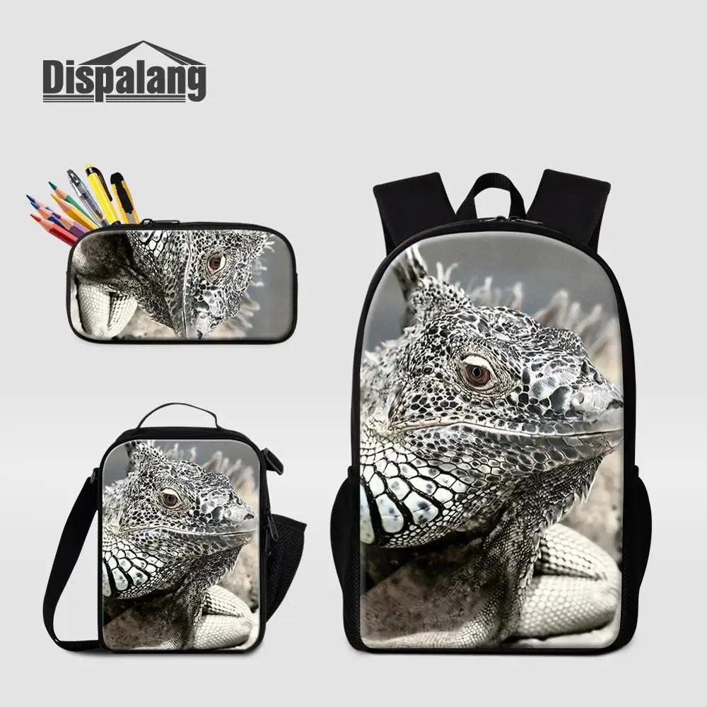 3 Piece Pencil Case School Bags Set Lizard Picnic Food Cooler Lizard Vigilante Reptile Print Schoolbag Boys Fashion Bagpack Children - Premium  from Lizard Vigilante - Just $64.69! Shop now at Lizard Vigilante