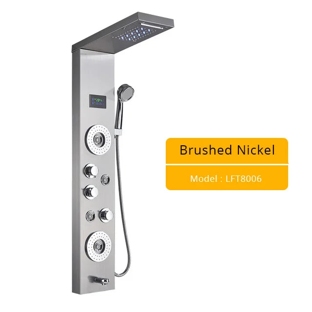 Brushed Nickel Bathroom Shower Column Wall Mounted Black LED Shower Panel Faucets Rainfall Digital Screen 6 Modes Mixer Tap - Premium  from Lizard Vigilante - Just $137.99! Shop now at Lizard Vigilante