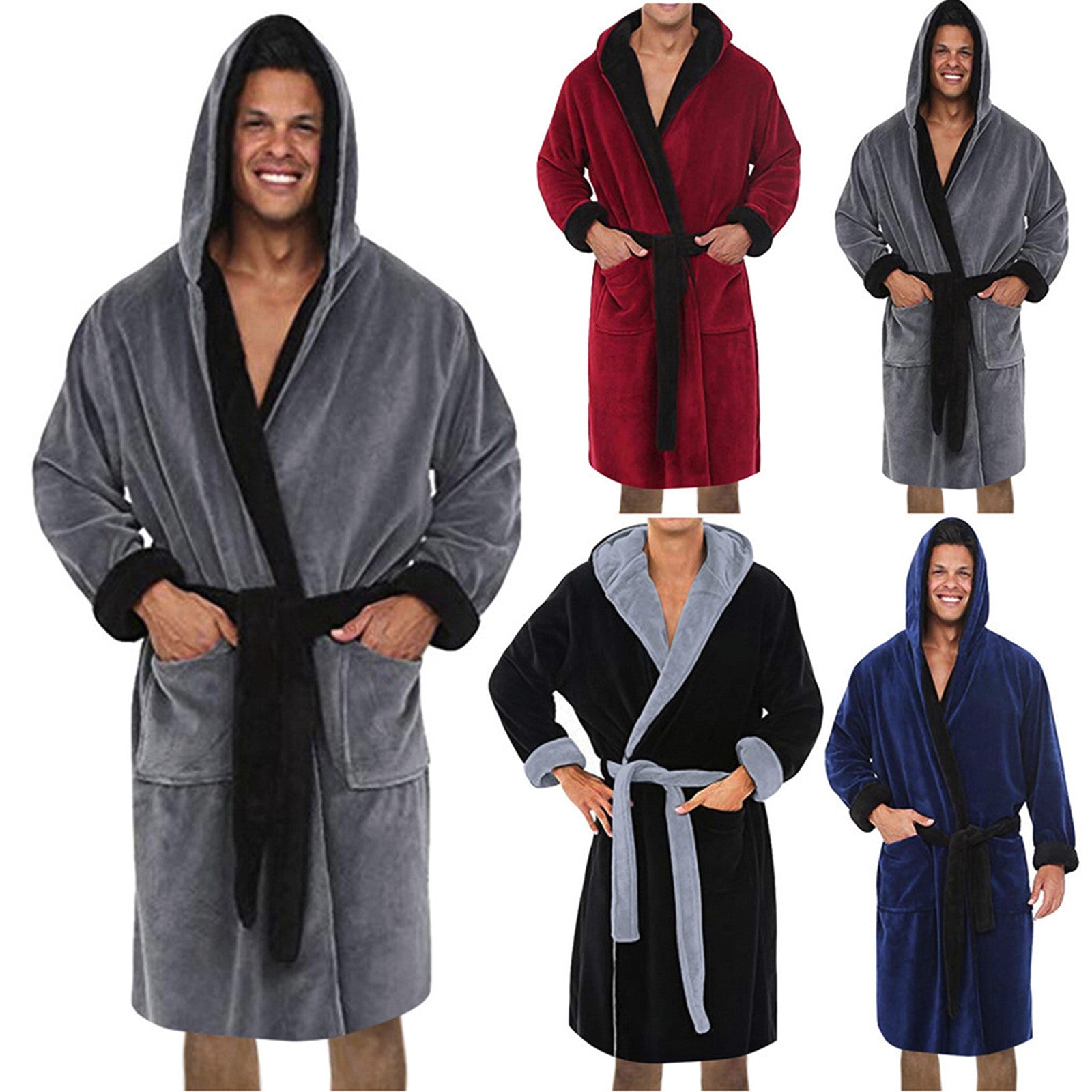 Men’s Casual Kimono Bathrobe – Flannel Hooded Sleepwear, Plus Size Available - Premium Robe from Lizard Vigilante - Just $32.88! Shop now at Lizard Vigilante