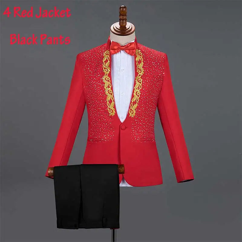 Mens Suits With Pants White Sparkly Crystals Embroidery Wedding Groom Tuxedo Suit Men Stand Collar Stage Costume Homme Mariage - Premium  from Lizard Vigilante - Just $88.88! Shop now at Lizard Vigilante