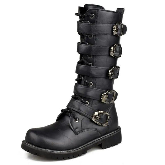 Large Size 38-46 Men's Leather Motorcycle Boots Mid-calf Military Combat Boots Gothic Belt Punk Boots Men Shoes Rock Punk Shoes - Lizard Vigilante