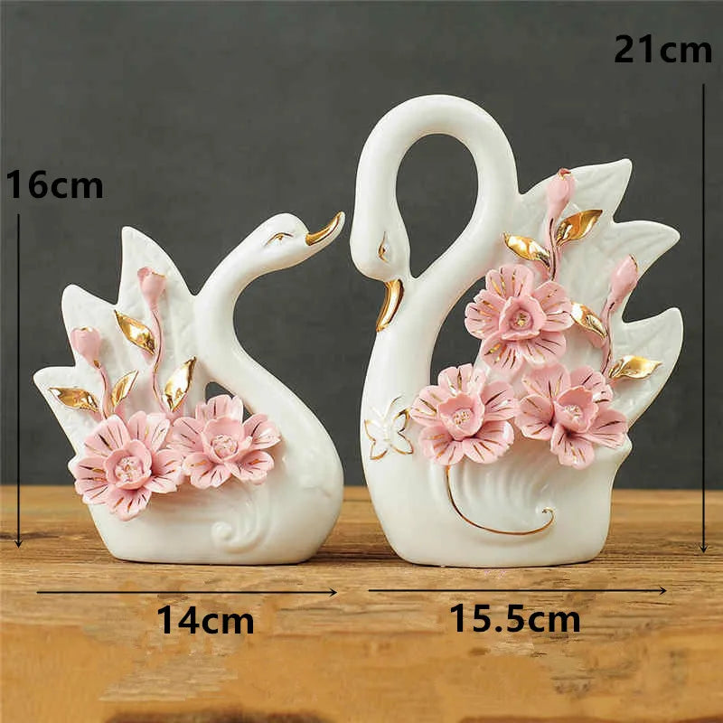 2PCS Swan Statue Pretty Creative Swan Sculpture Figurines Ceramic Crafts Art Home Decoration Accessories1 Pair Wedding Gift