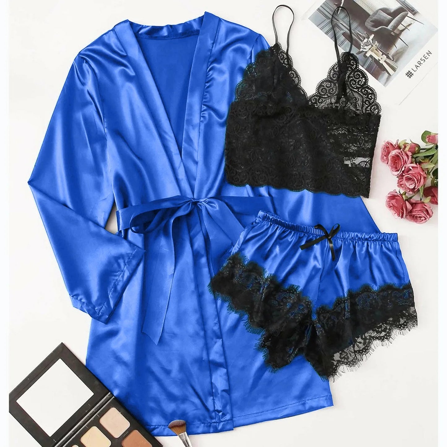 3-Piece Satin Silk Pajamas Set for Women – Sexy Lace Nightwear with Shorts, Robe, and Nightgown Sleepwear - Premium robe from Lizard Vigilante - Just $22.88! Shop now at Lizard Vigilante