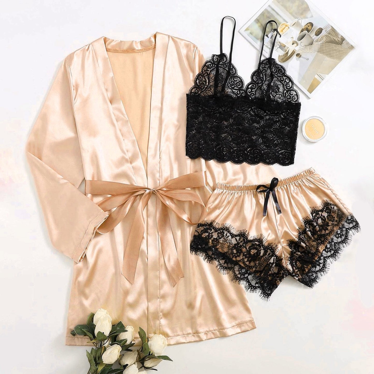 3-Piece Satin Silk Pajamas Set for Women – Sexy Lace Nightwear with Shorts, Robe, and Nightgown Sleepwear - Premium robe from Lizard Vigilante - Just $22.88! Shop now at Lizard Vigilante