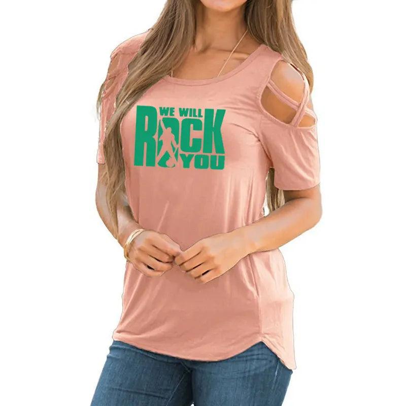 We Will Rock You Women T Shirt Summer Queen Rock Band T-shirt Short Sleeve Rock Roll Womens Off Shoulder Hollow Femme Tops - Lizard Vigilante