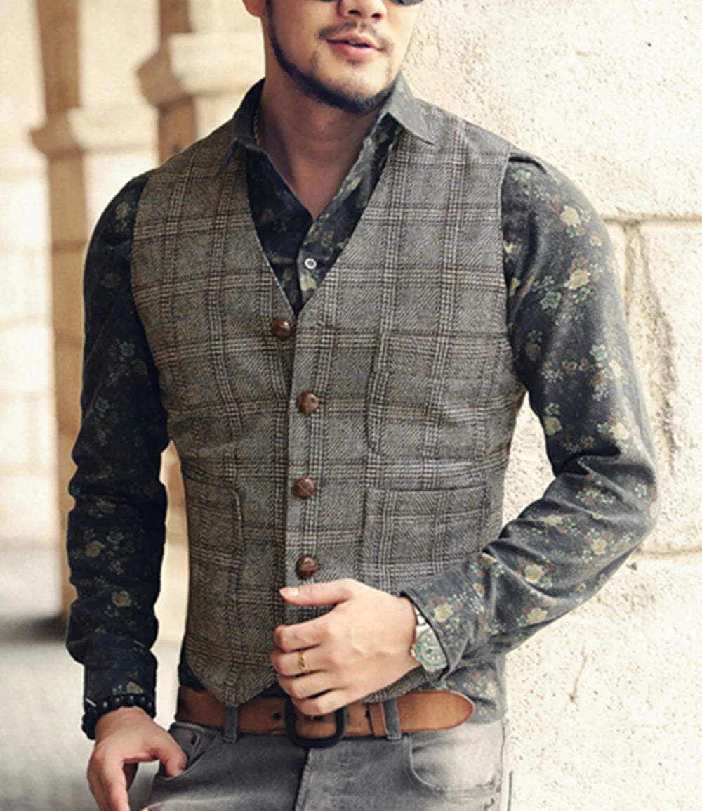 Men’s Vintage Tweed Plaid Vest – Classic Slim Fit Waistcoat for Weddings & Business - Premium vest from Lizard Vigilante - Just $42.88! Shop now at Lizard Vigilante