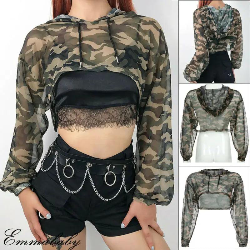 Long Sleeve Tshirt Mesh Top Hooded Hollow Out Sexy Punk Rock Short Crop Top White T-shirt Fishnet Black Women Clothing Tops Tees - Premium Crop Top from Lizard Vigilante - Just $26.99! Shop now at Lizard Vigilante