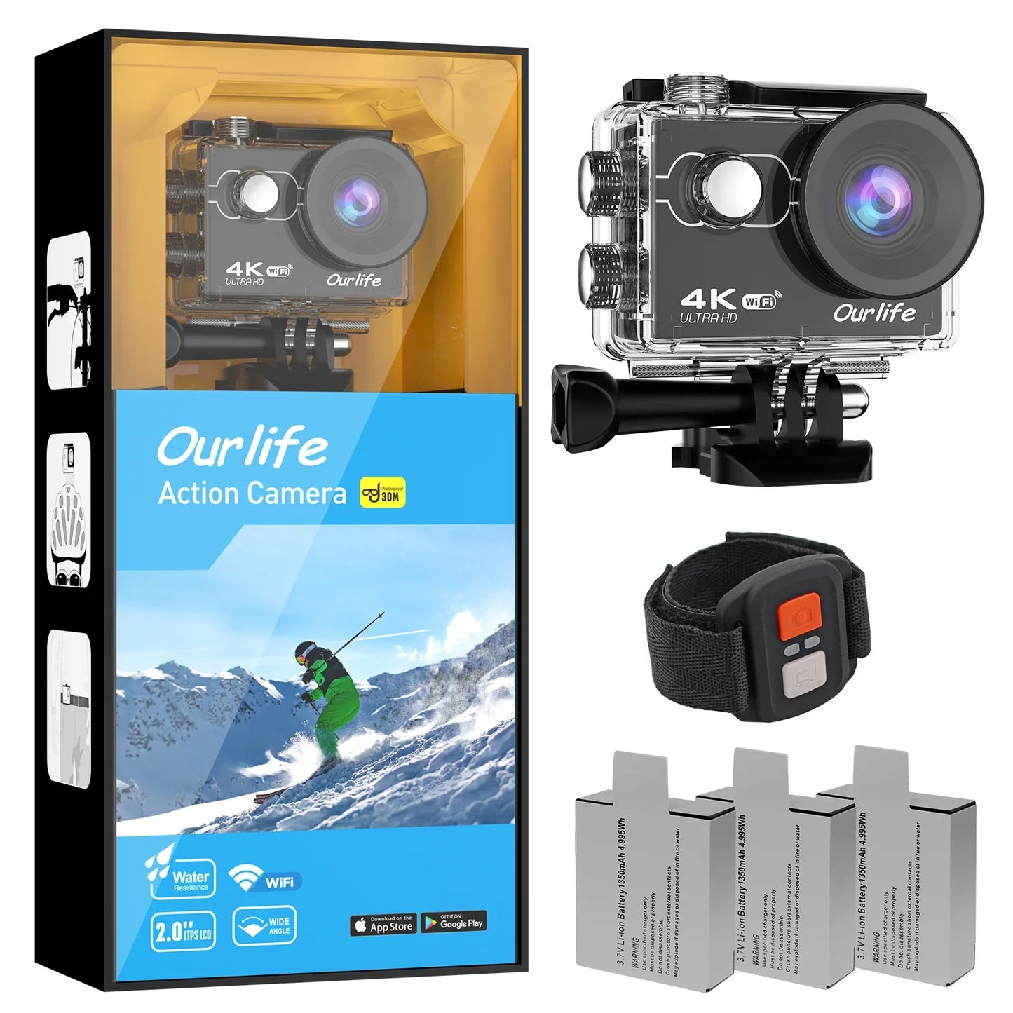 Ourlife hot selling 4K 30fps 1080P 60fps remote control sports action camera with three batteries for bicycle