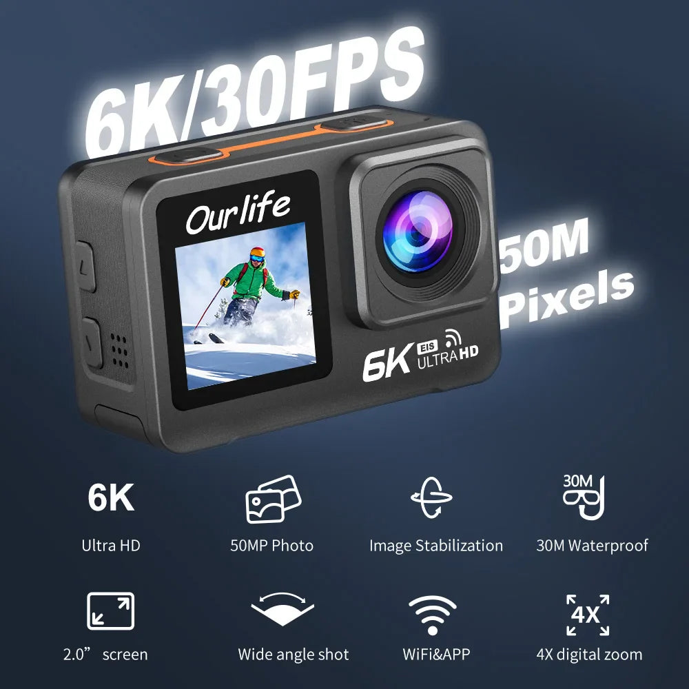 Professional Ourlife 6K 30fps 1080P 120fps sports action camera with EIS and waterproof 30 meters