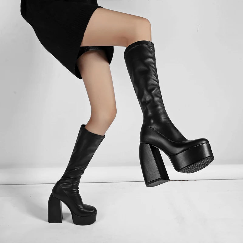 Punk Style Black Chunky Platform Knee-High Boots for Women – Elastic Microfiber Thick Heels - Premium boots from dsers - Just $98.88! Shop now at Lizard Vigilante