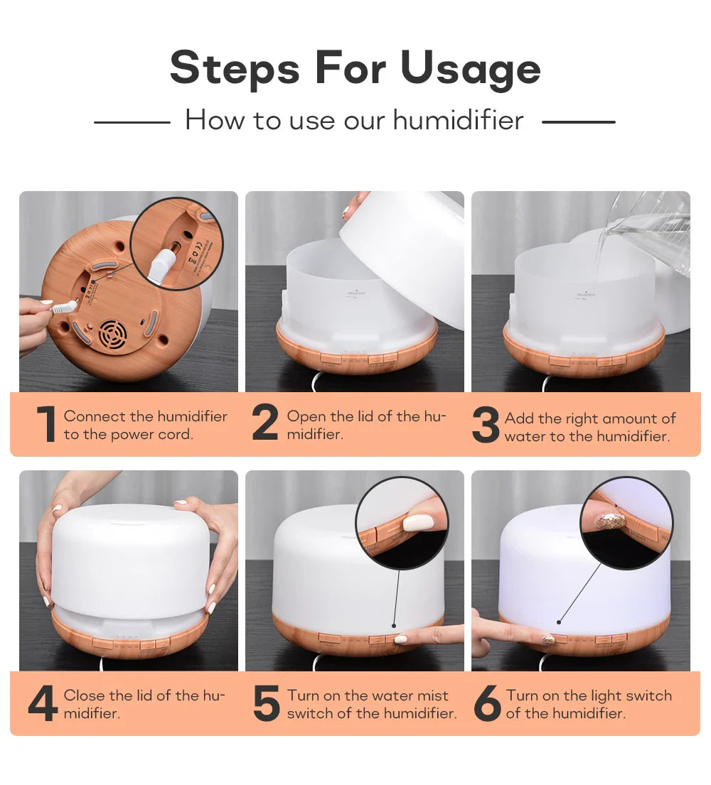 300 500ML Air Humidifier With Remote Control Colorful Non-printed Ultrasound Aroma Diffuser Pure White Dark Light Wood Grain