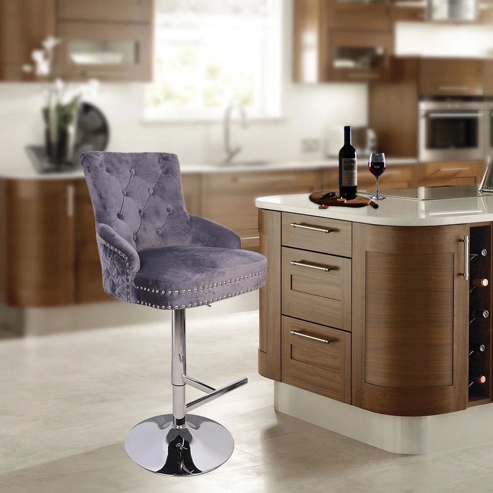 Luxury Black Velvet Swivel Bar Stool with Lion Knocker & Cross stitch High Back - Premium  from Lizard Vigilante - Just $232.99! Shop now at Lizard Vigilante