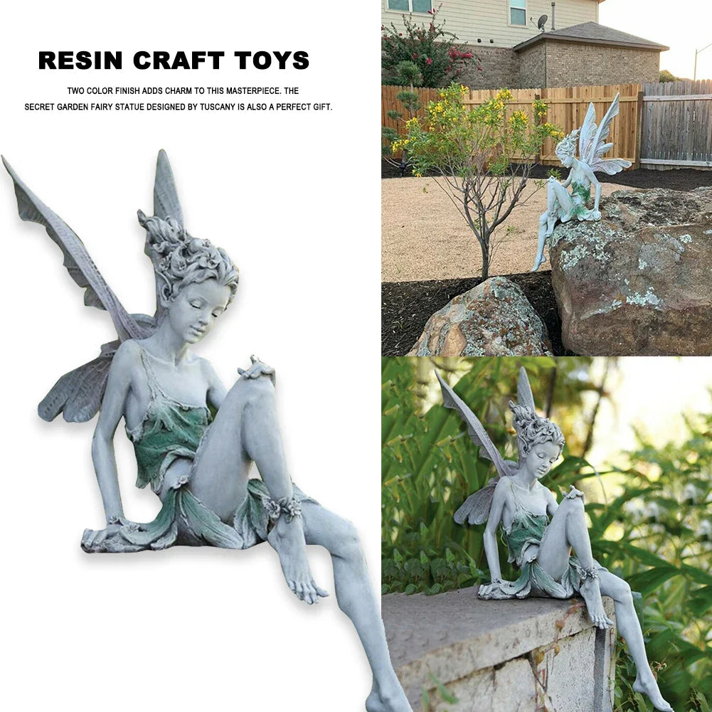 Flower Fairy Sculpture Garden Landscaping Yard Art Ornament Resin Turek Sitting Statue Outdoor Angel Figurines Craft Decoration