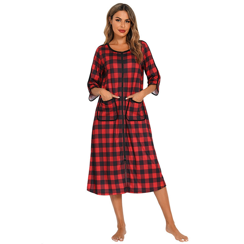 Women's Cozy Autumn Plaid Zipper Robe | Soft Long Nightgown & Warm Maternity Loungewear | Zipper-Front Bathrobe Pajamas - Premium robe from Lizard Vigilante - Just $23.88! Shop now at Lizard Vigilante