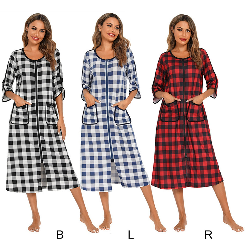 Women's Cozy Autumn Plaid Zipper Robe | Soft Long Nightgown & Warm Maternity Loungewear | Zipper-Front Bathrobe Pajamas - Premium robe from Lizard Vigilante - Just $23.88! Shop now at Lizard Vigilante