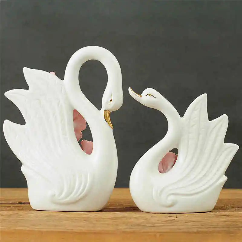 2PCS Swan Statue Pretty Creative Swan Sculpture Figurines Ceramic Crafts Art Home Decoration Accessories1 Pair Wedding Gift
