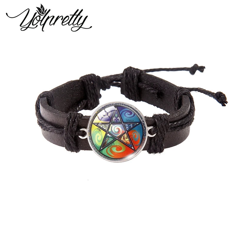 Occult Wiccan Pentagram Lace-up Leather Bracelet Glass Cabochon Charm Pendants Jewelry for men - Premium  from Lizard Vigilante - Just $16.66! Shop now at Lizard Vigilante