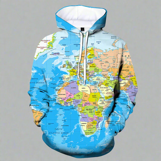 Hoodie with world map design in blue color on a white background