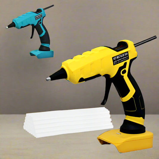 Hot melt glue gun with 20 glue sticks on a white background