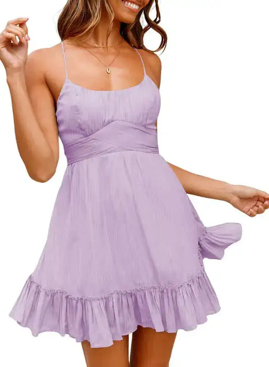 Dokotoo Womens Solid Summer Dresses Scoop Neck Spaghetti Strap Dresses Casual Bowknot Backless Sleeveless Purple Dresses Elastic Waist Ruched Ruffle Hem A-Line Mini Dress