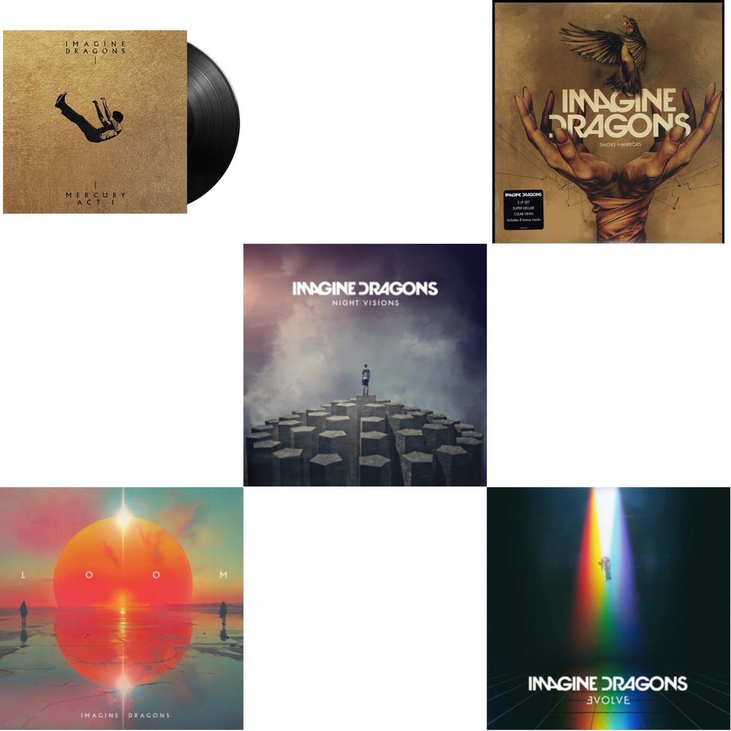 Mercury – Act 1 & Loom (Translucent Coke Bottle Green LP Vinyl) & Night Visions & Smoke + Mirrors (Deluxe Edition) & Evolve