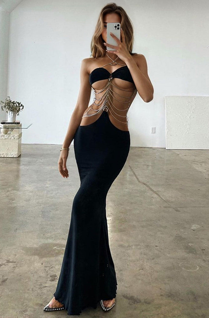 Ultra Sexy Drape Chain Black Dress
