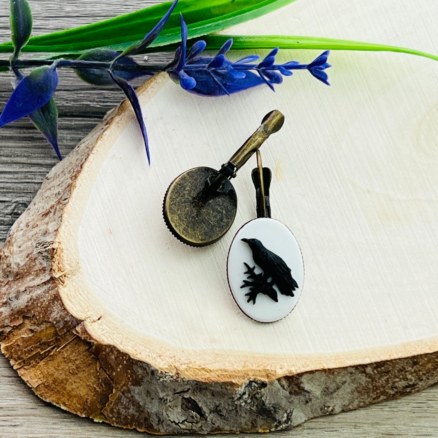 Gothic Lolita raven cameo earrings