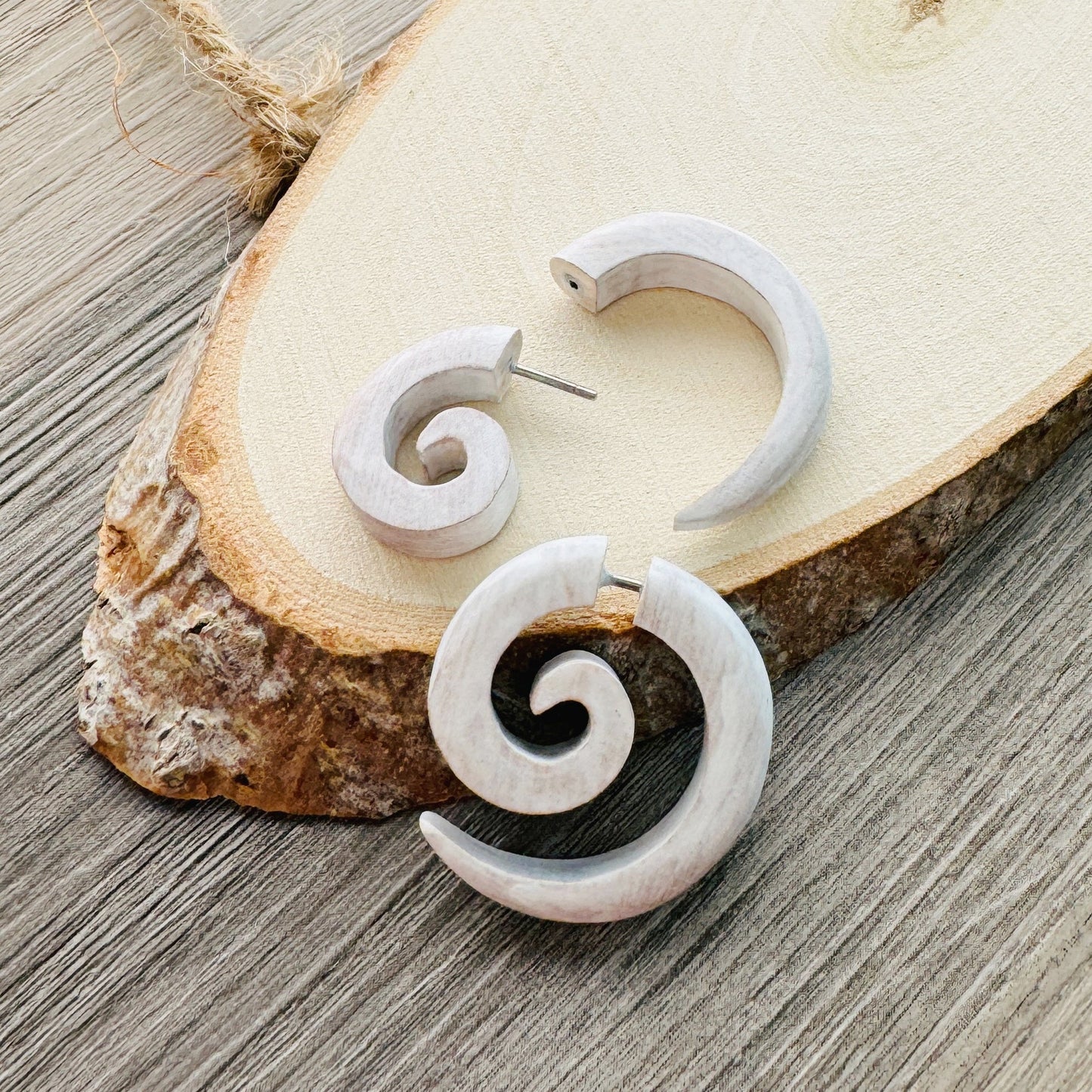 Wooden spiral earring organic jewelry rustic white color fake piercing