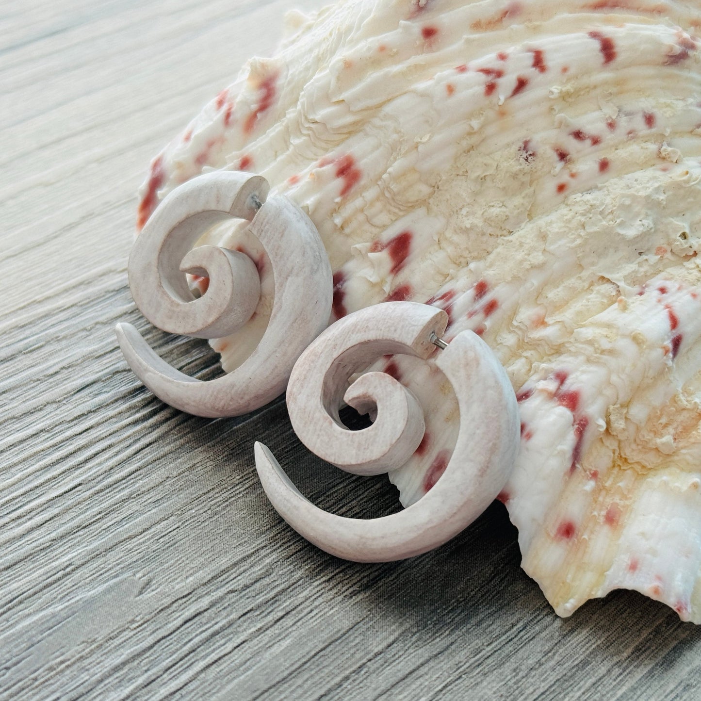 Wooden spiral earring organic jewelry rustic white color fake piercing