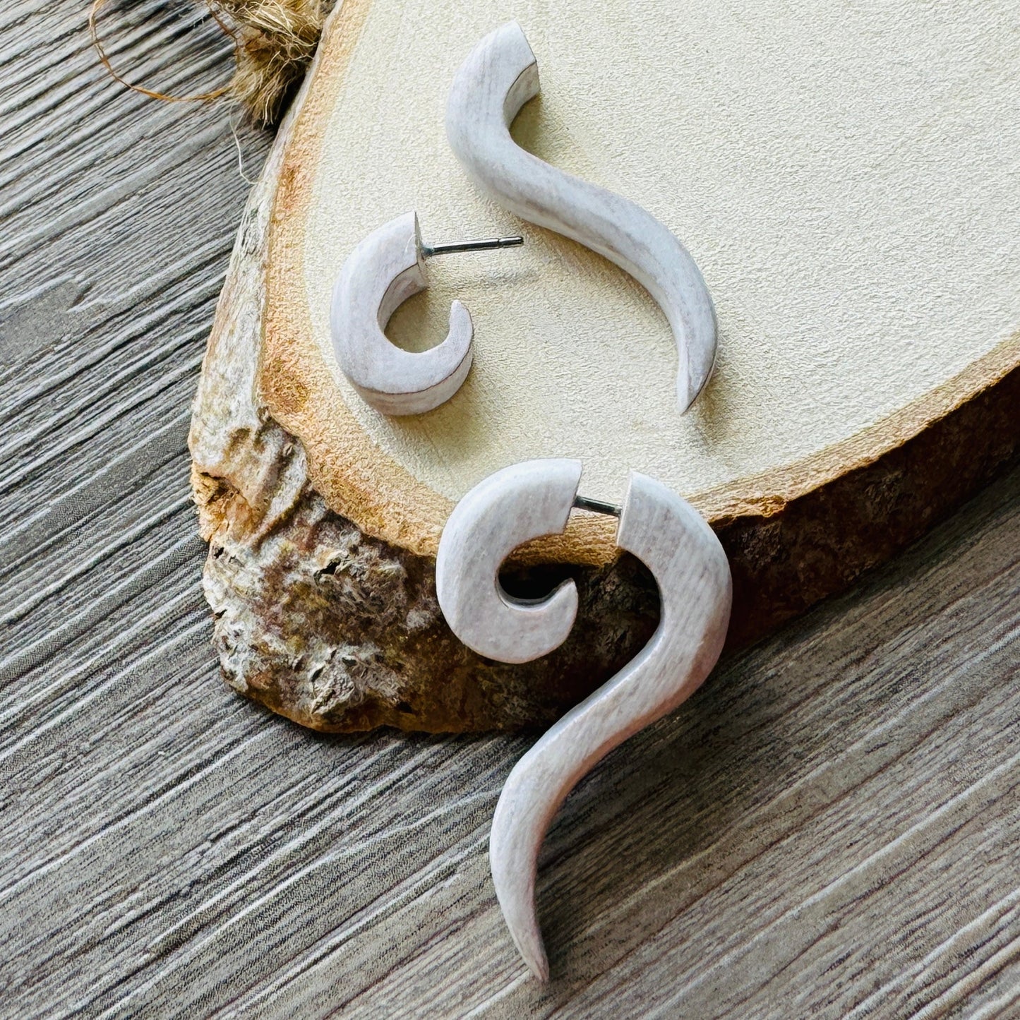 Wooden spiral earring organic jewelry rustic white color fake piercing