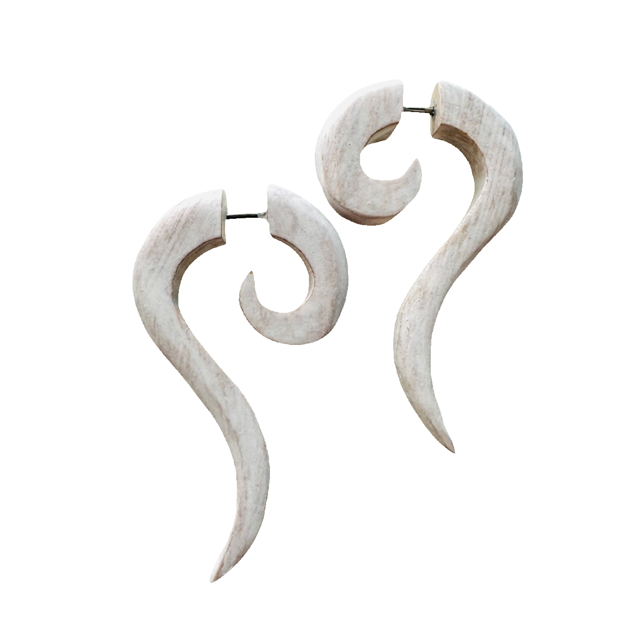 Wooden spiral earring organic jewelry rustic white color fake piercing