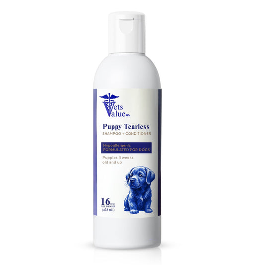 Vets Value Puppy Tearless Shampoo + Conditioner 16oz - Hypoallergenic Dog Wash for Puppies 4 Weeks & Up Gentle Formula Soothes Sensitive Skin, Softens Coat, Nourishing, Healthy Grooming - pH Balanced