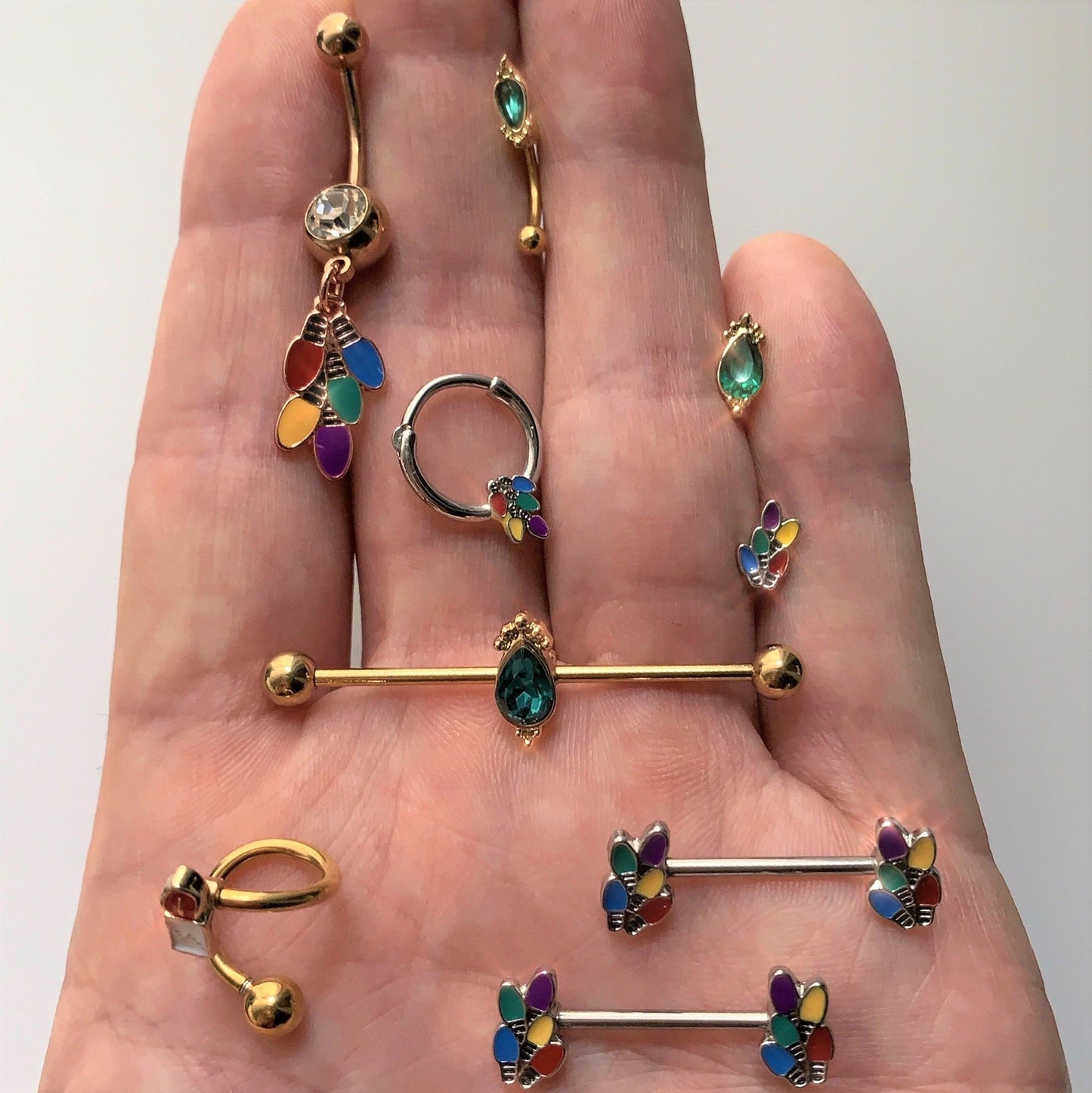 14G 5/8 Christmas Lights Holiday Barbell Nipple Ring Set