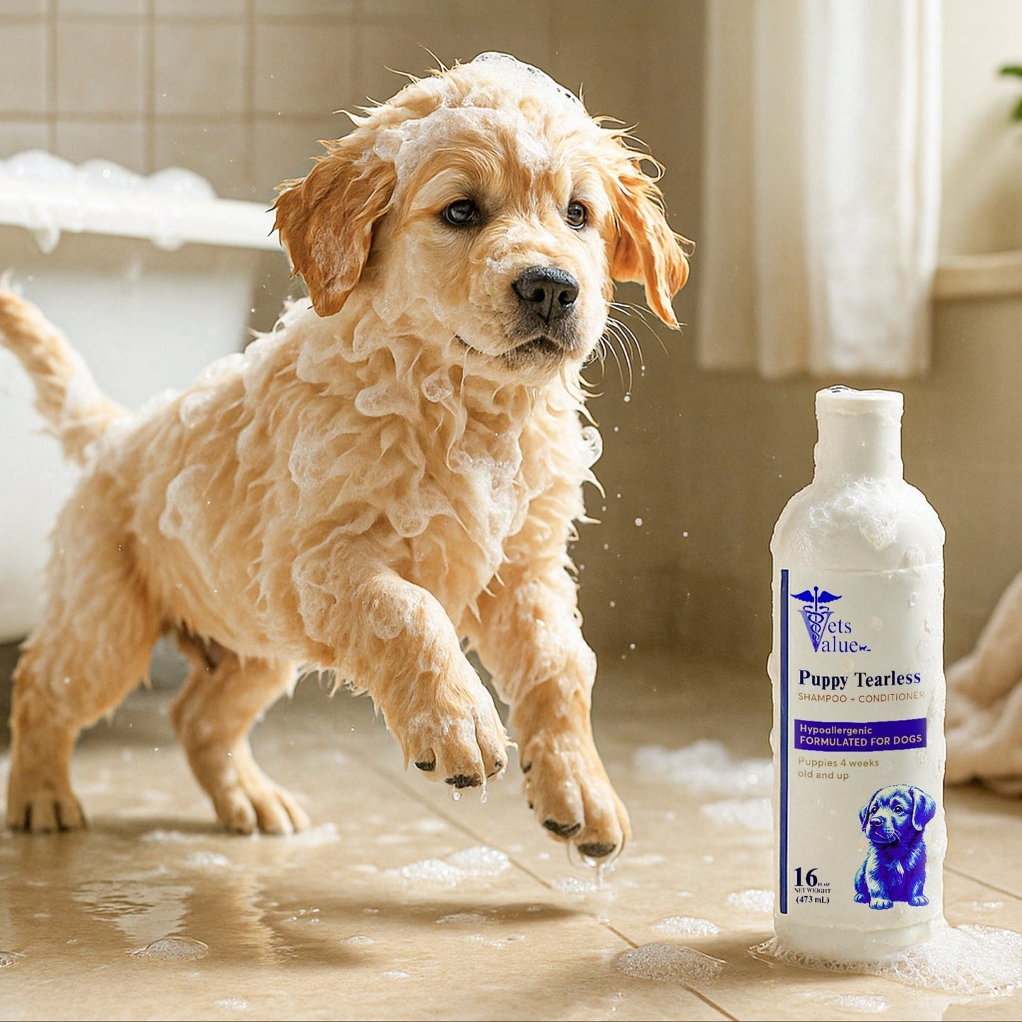 Vets Value Puppy Tearless Shampoo + Conditioner 16oz - Hypoallergenic Dog Wash for Puppies 4 Weeks & Up Gentle Formula Soothes Sensitive Skin, Softens Coat, Nourishing, Healthy Grooming - pH Balanced